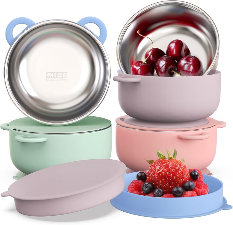 Bakpoco Baby Suction Bowls with Lids 4-Pack, 2-in-1 Stainless Steel 304 Toddler Bowl & Removable Silicone Suction Kids Bowl Plate Set Non Toxic Snack Dishes for Self-Feeding, Unicorn Magic Set - Image 1